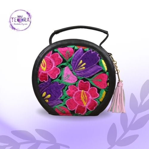 Bolsa Circular Artesanal de Yute y Cuero Vegano – Bordado Mexicano