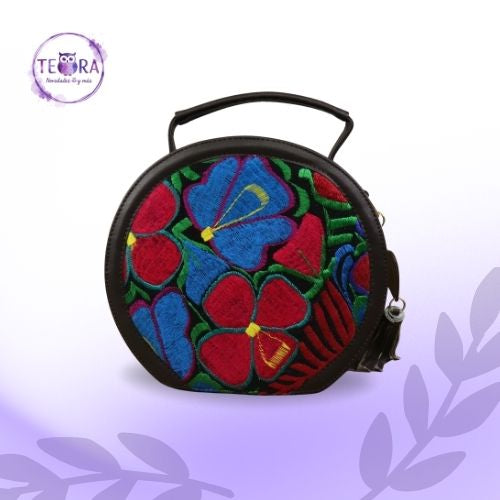 Bolsa Circular Artesanal de Yute y Cuero Vegano – Bordado Mexicano