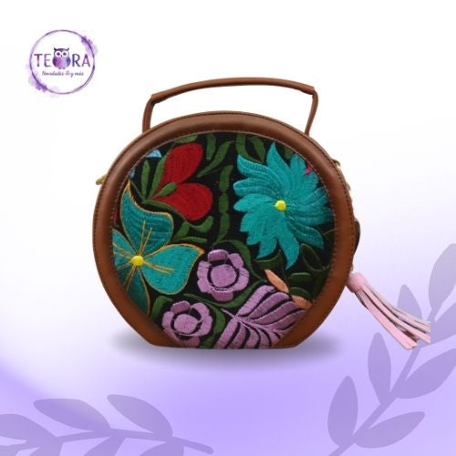 Bolsa Circular Artesanal de Yute y Cuero Vegano – Bordado Mexicano
